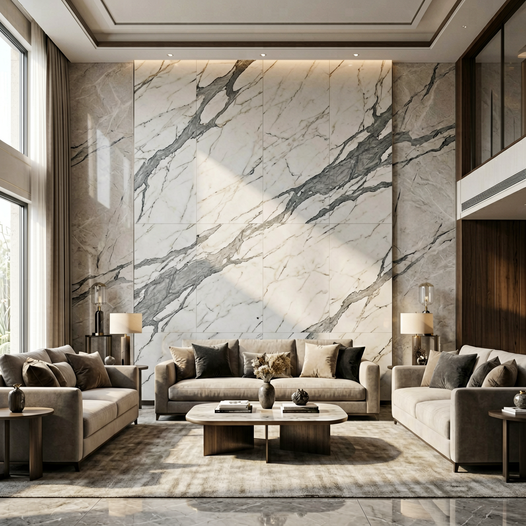 Calacatta Marble — Bookmatched Slabs installed — Natural marble · polished