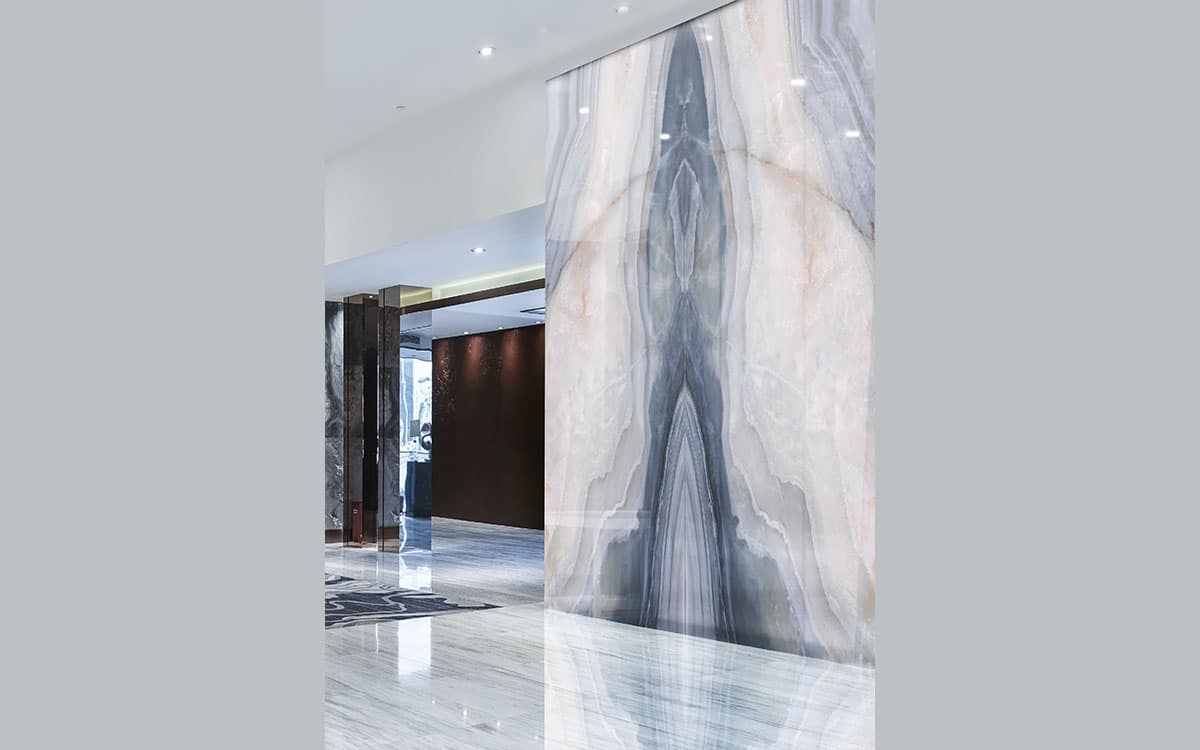 Agata Blue Lappato Bookmatch Slab installed — Quartzite · lappato (semi-polished)